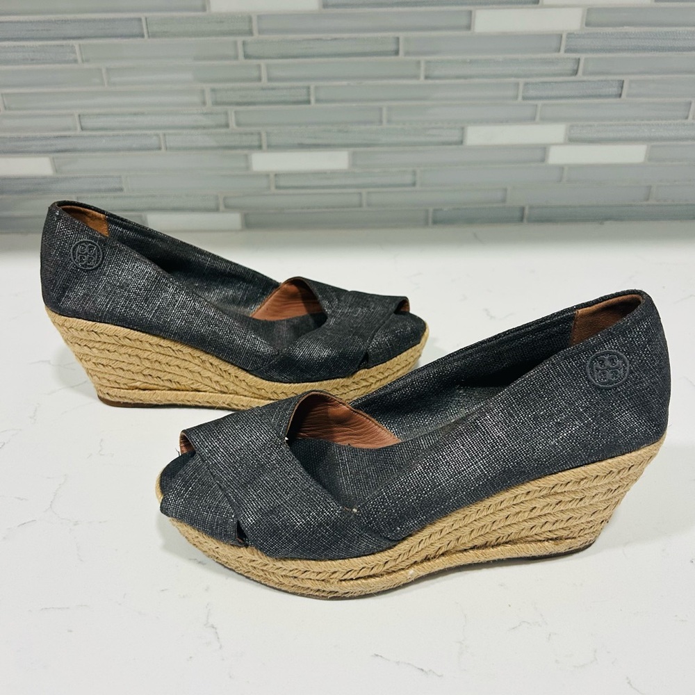 Tory Burch Silver Charcoal Wedge Shoes Peep Toe Size 10.5